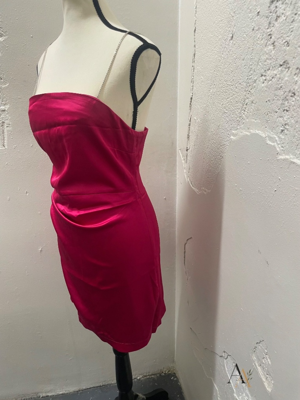 Zara Magenta Satin Effect Mini Dress - Rhinestone Chain Straps - Size M - Picture 4 of 11